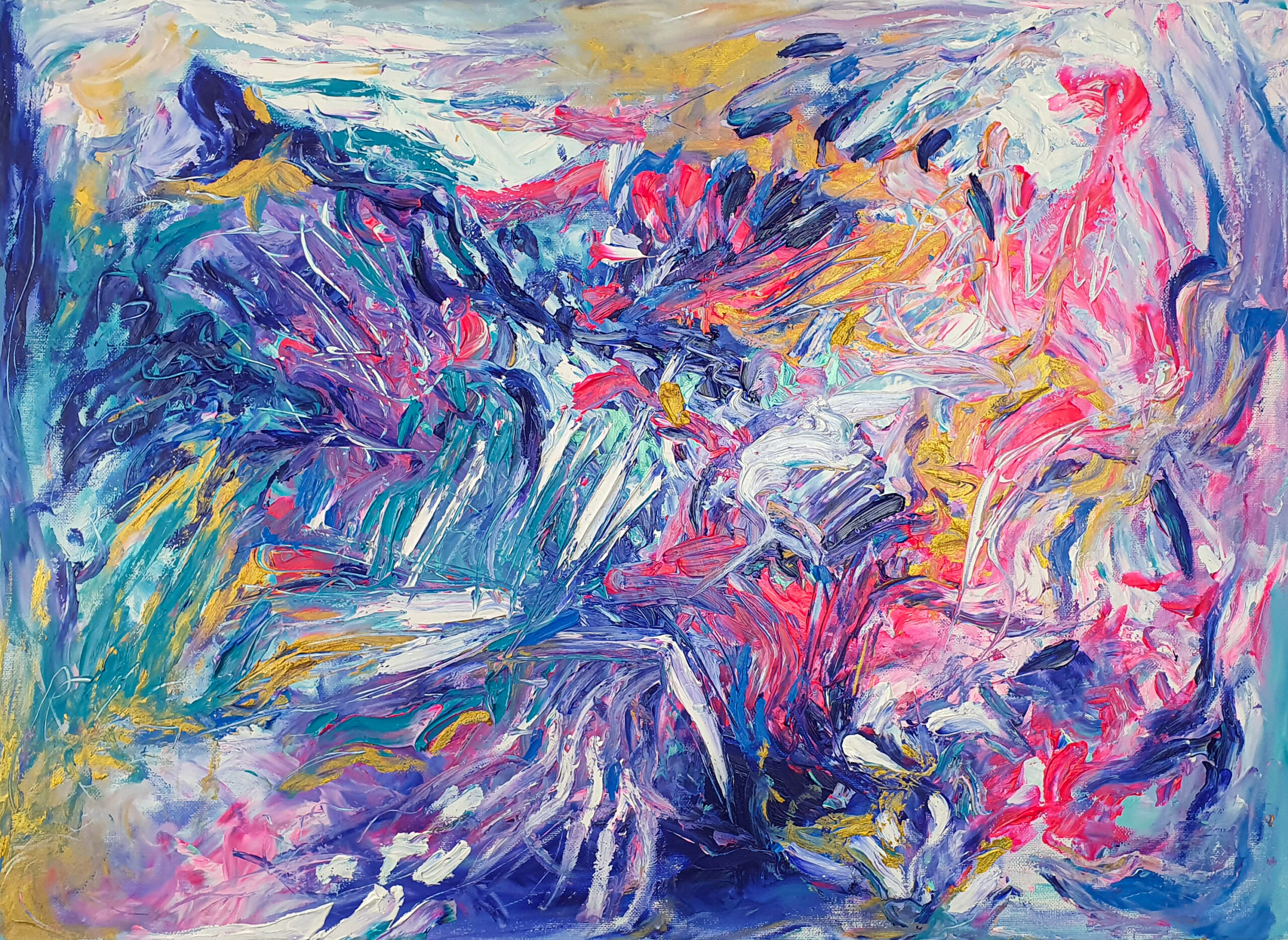 tableau-abstrait-huile-couleur-bleu-rose-dore-exture-artiste-peuntre-zohra-hassabi-art-contemporain