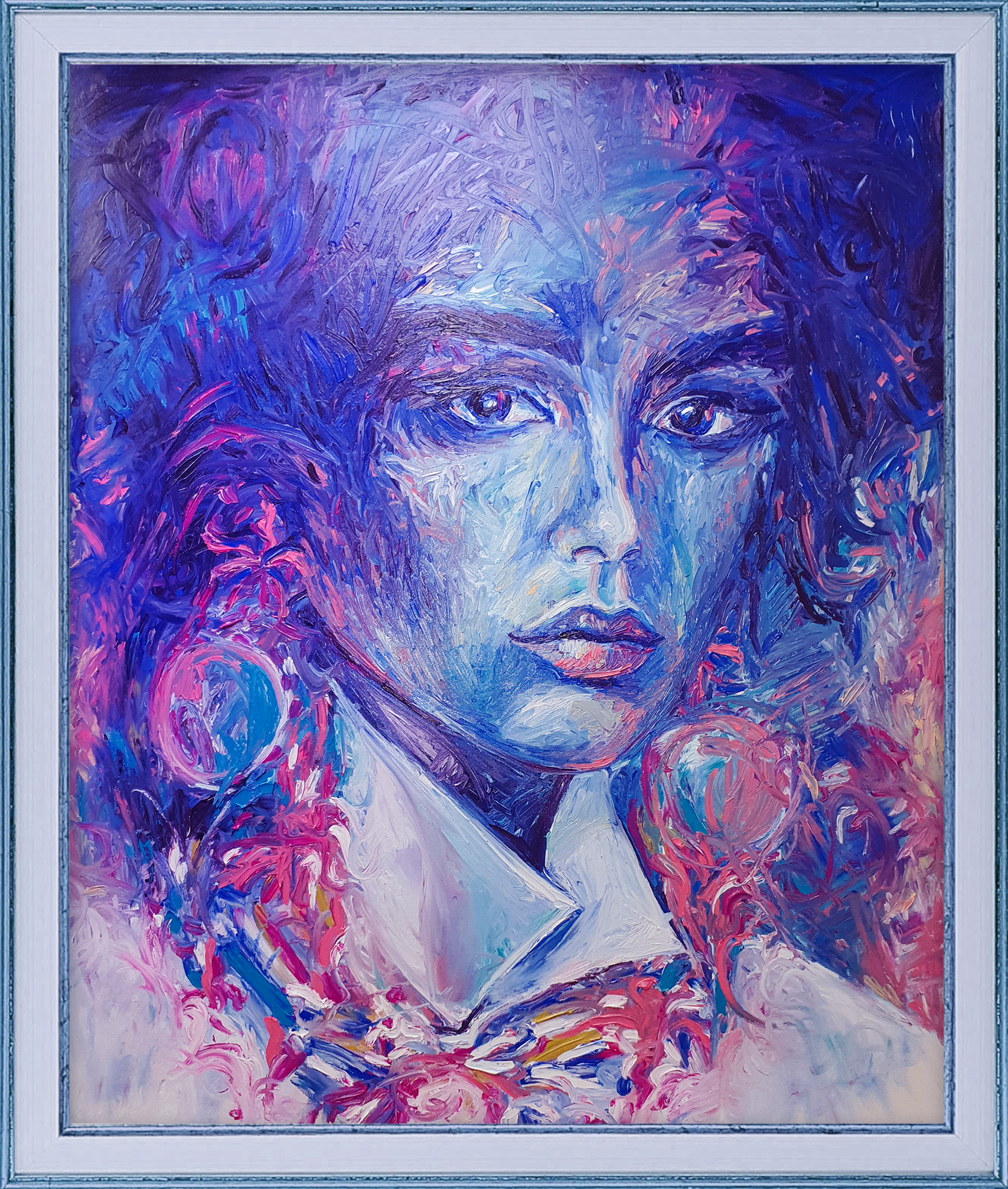 tableau-peinture-ghislaine-lalgerienne-zohra-hassani-artiste-peintre-cadre-bois-bleu-fin