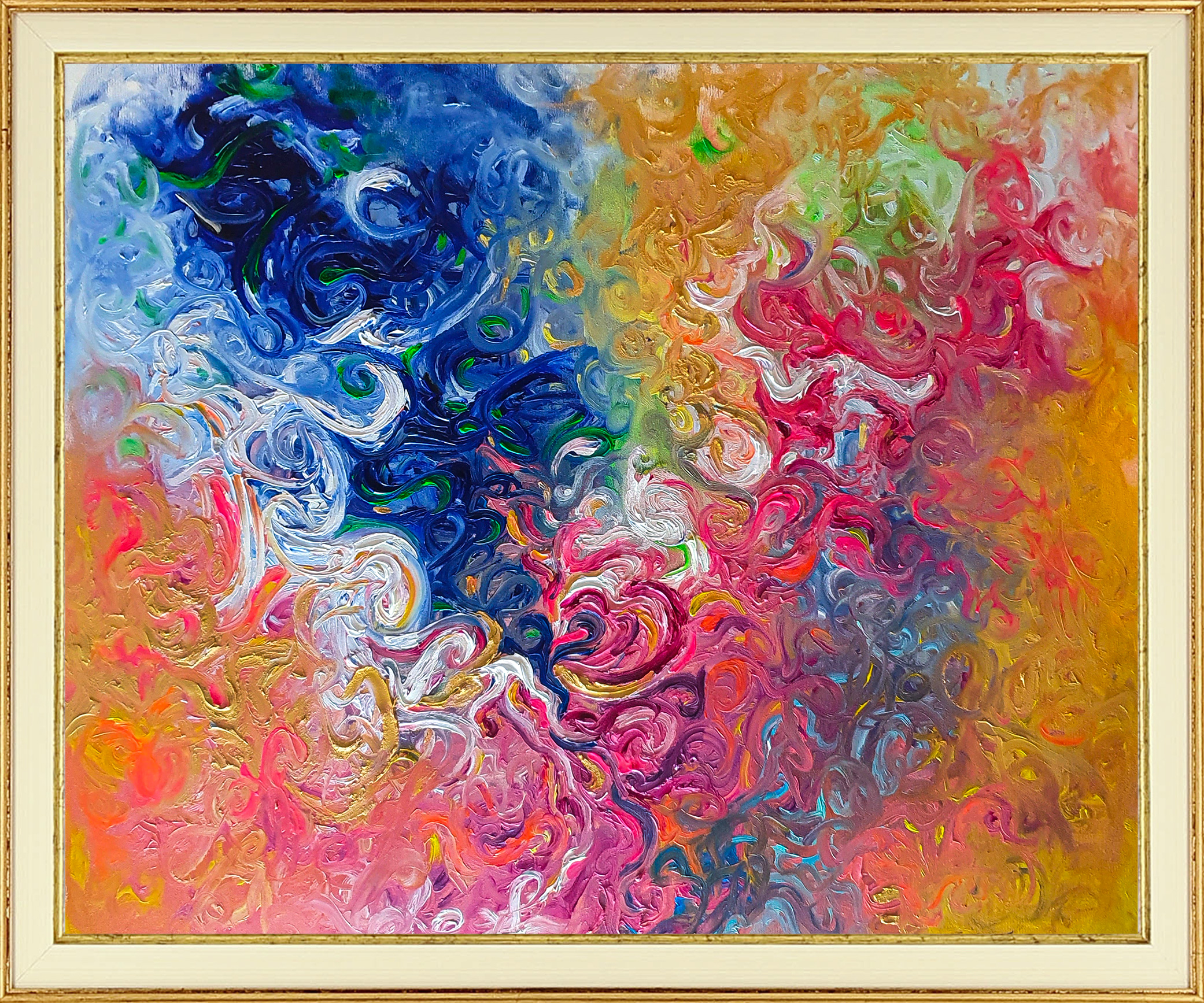 tableau-peinture-huile-original-abstrait-freedom-elaboration-zohra-hassani-artiste-peintre-cadre-bois